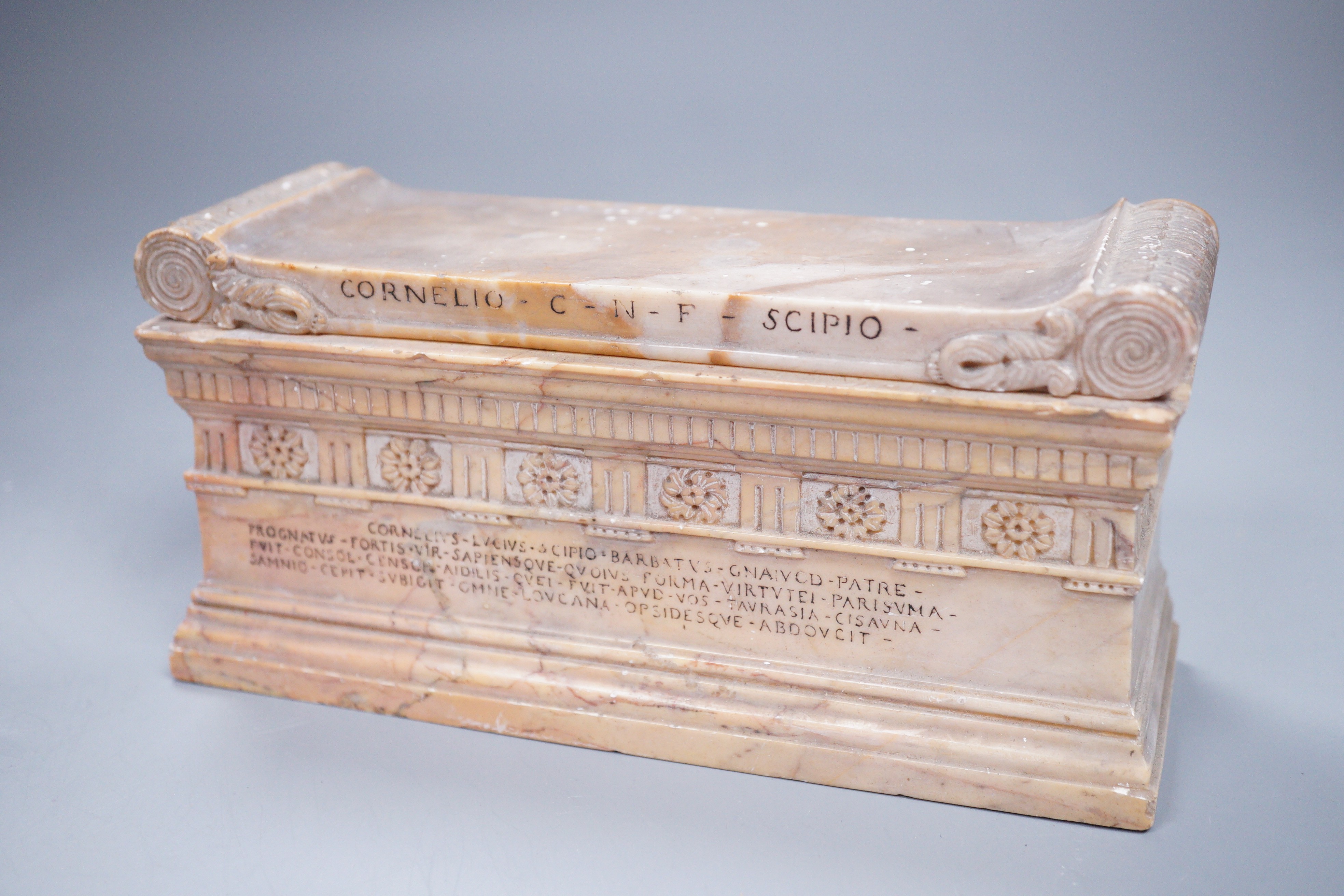 A grand tour style carved marble sarcophagus, 17cm